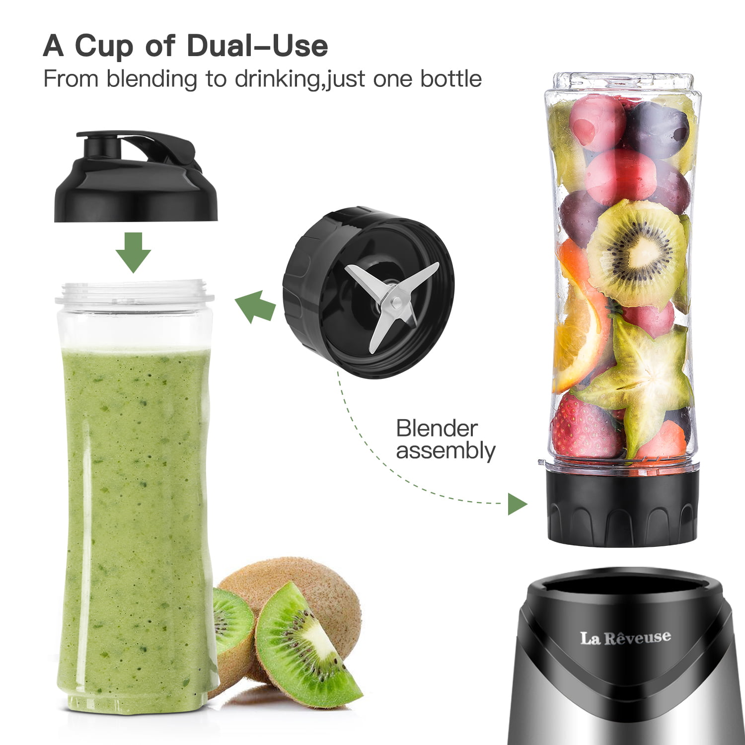 La Reveuse Personal Size Blender 250 Watts Power for Shakes Smoothies  Seasonings Sauces with 15 oz Portable To Go Cup,BPA-Free