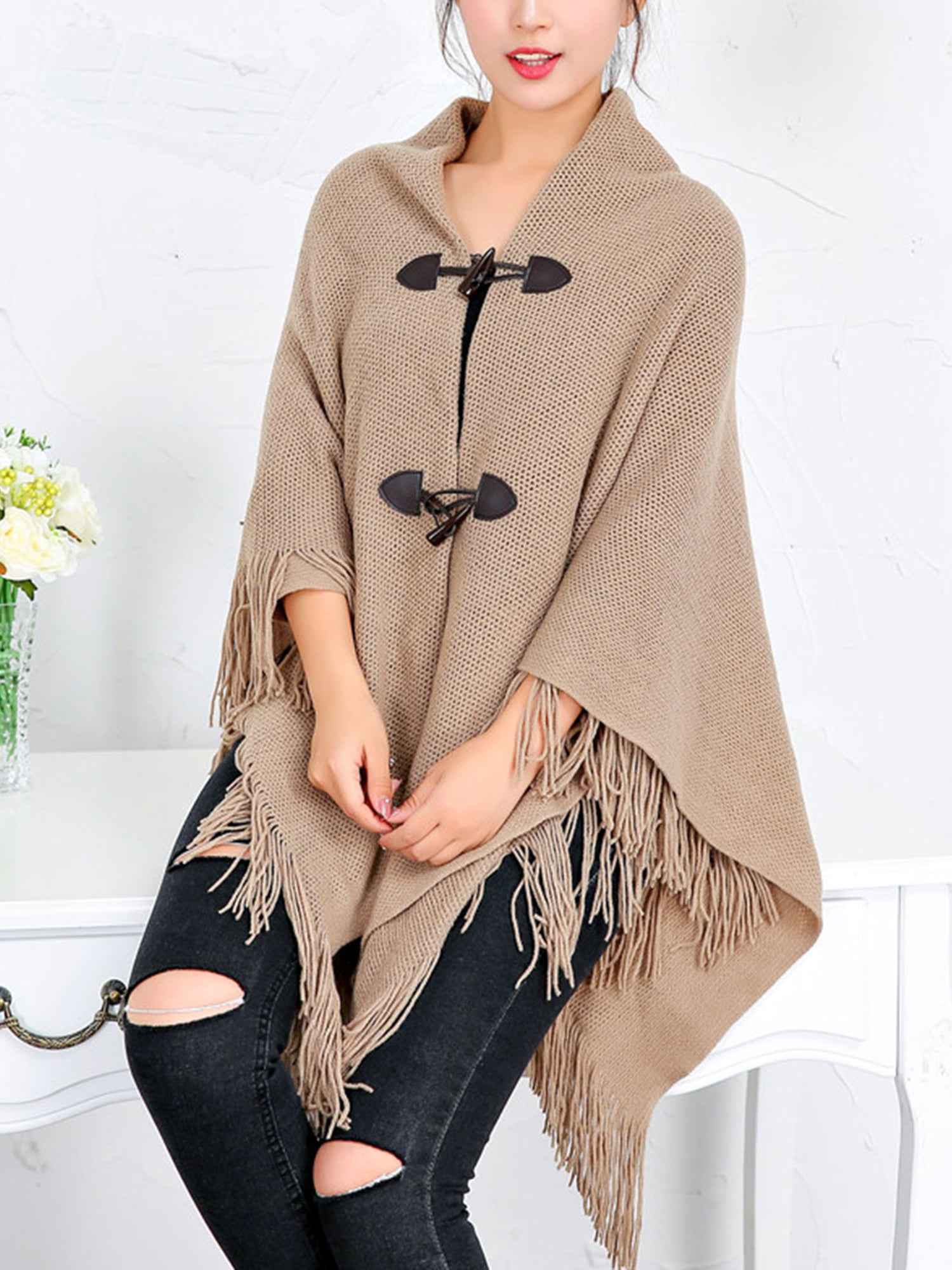Women Knitted Poncho Sweater Tassel Shawl Jumper Cape Wrap Cloak Coat Thick Top