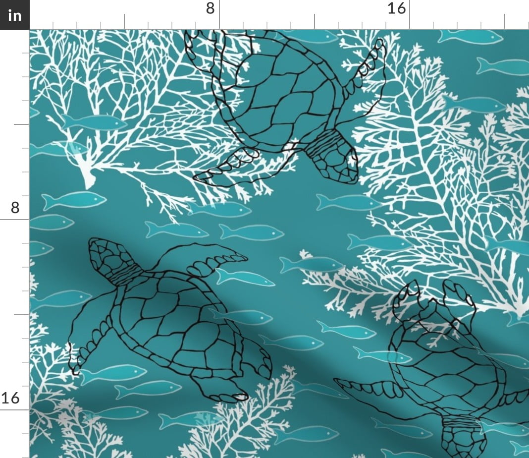 Spoonflower Fabric Sea Turtles & White Kelp Aqua Background Ocean