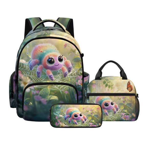 DISNIMO 3PCS Backpack Set with Lunch Box and Pencil Case, Jumping Spider Printed Girls Schoolbag for Preschool Primary Junior High, Large Lightweight Student Backpack Travel Daypack