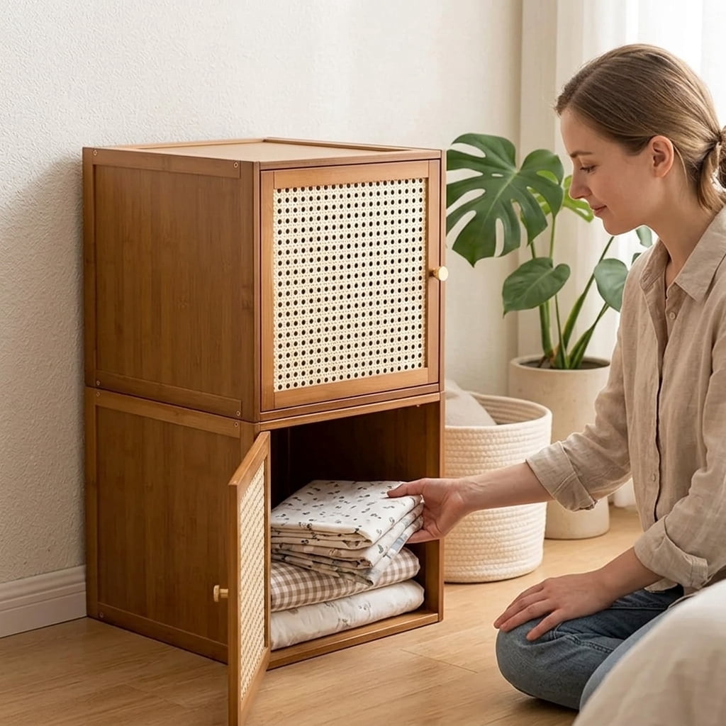 GIATUEE Solid Wood Stacking Cabinet with Doors - Large Capacity Storage Organizer for Clothing, Bedding & Home | Dust-Proof, Mildew-Proof & Easy to Assemble, Orginal Color