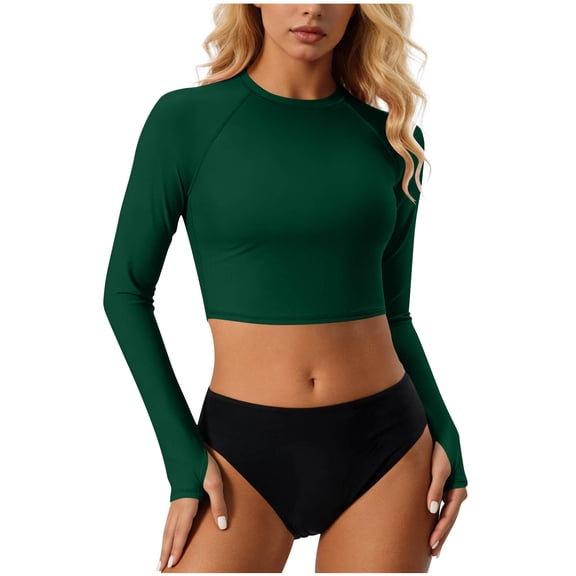 QIYAGBSA Swimsuit for Women 2 Piece Long Sleeve Rash Guard Cropped Top Bathing Suit with Thumbholes (Green M)