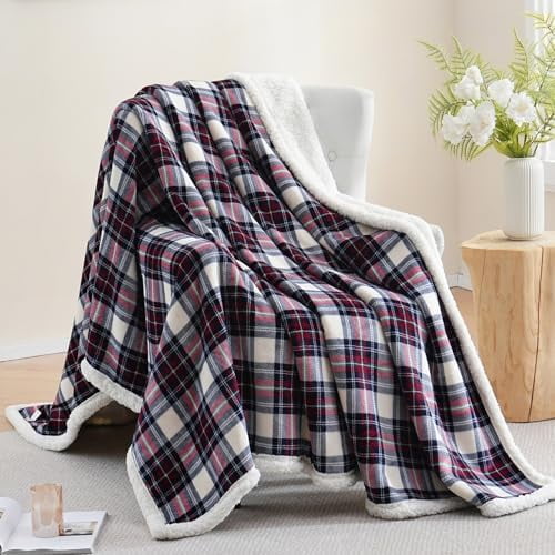 Sherpa Fleece Throw Blanket 80" x 90" Reversible Plush Fluffy Large Big Blanket Lattice Flannel Blankets for All Season Use,White Check