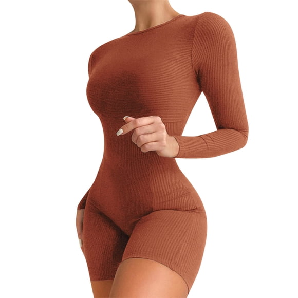 HBFAGFB Long Sleeve Jumpsuit for Women Bottoming Shorts Slim Knitted Sports Yoga Rompers Brown Size L