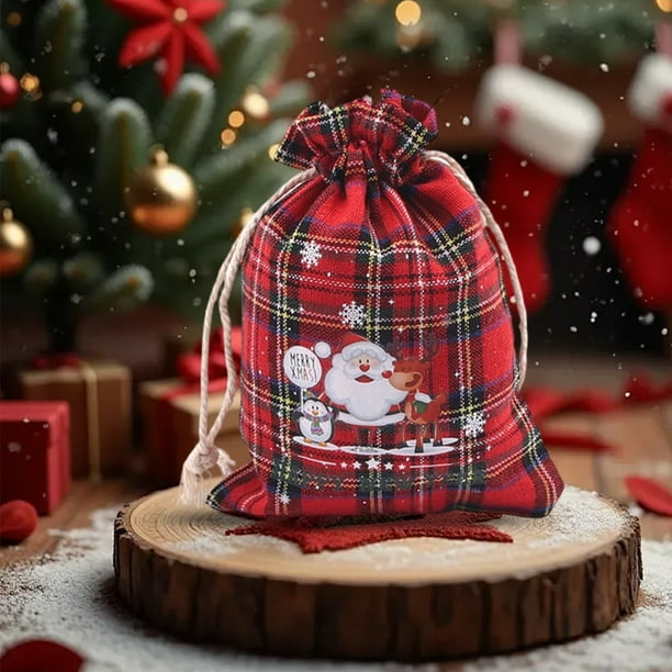 Decoraciones navideñas, adornos navideños, bolsas de tela con cordón de algodón a cuadros rojos, reutilizables, para galletas, dulces y golosinas. Ideales para regalos navideños, envoltorios y obsequi