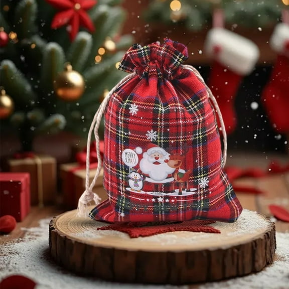 Oioii 5.51x3.94in Christmas Drawstring Candy Treat Bags Buffalo Plaid Xmas Xmas Christmas Fabric Goody Gift Sacks Reusable Gift Wrapping Bags Holiday Party Favors, I
