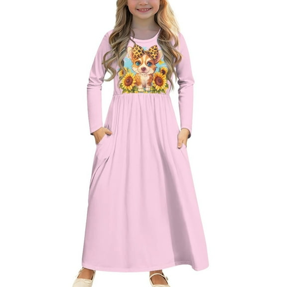 DISNIMO Pink Dog Long Sleeve Dress for Kids Girls Dresses Long Sleeve Size 5-6 Girls Dresses with Pockets Kids Crew Neck Dress Girls Swing Dress Long Sleeve