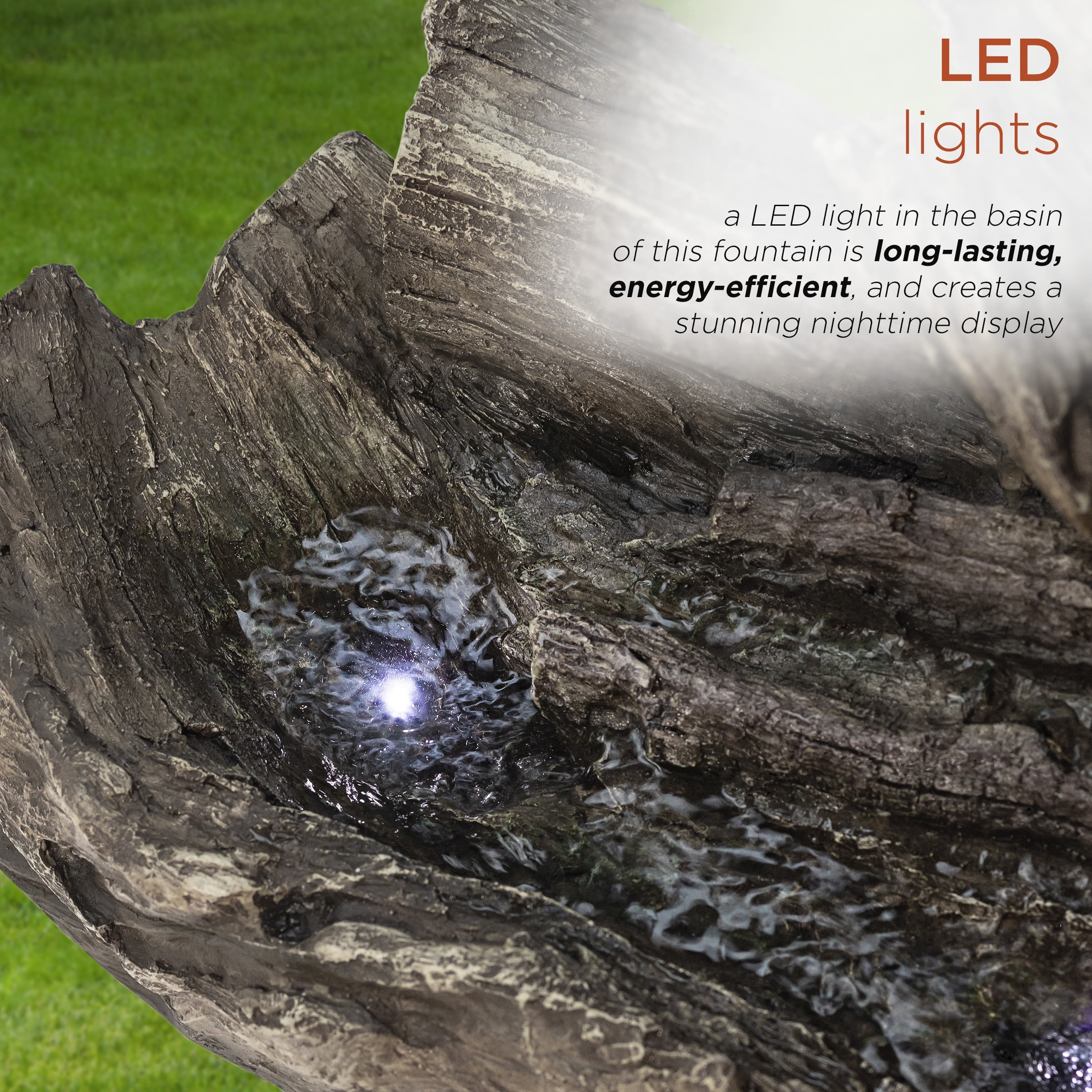 Alpine Corporation Outdoor 3-Tier Fallen Tree Trunk Water Fountain with LED Lights