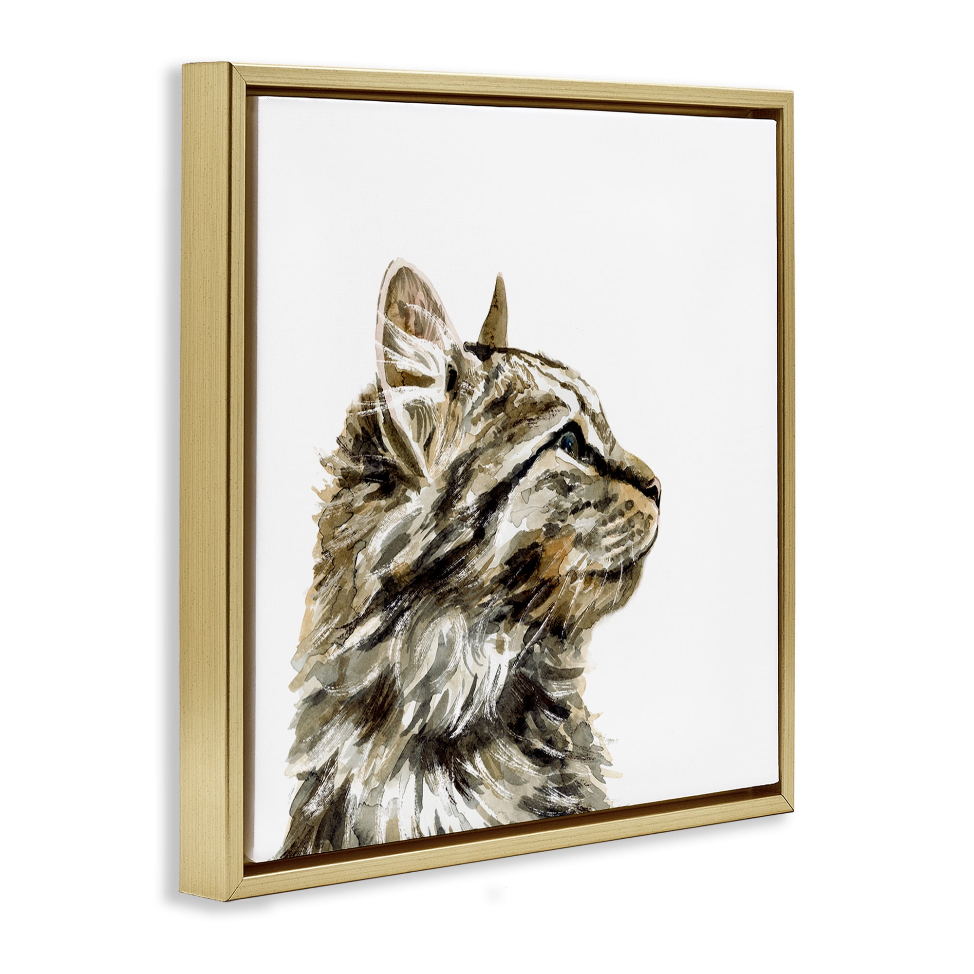Stupell Industries Simple Tabby Cat Gaze Animals & Insects Painting Gold Floater Framed Canvas Art Print Wall Art, 18 x 18