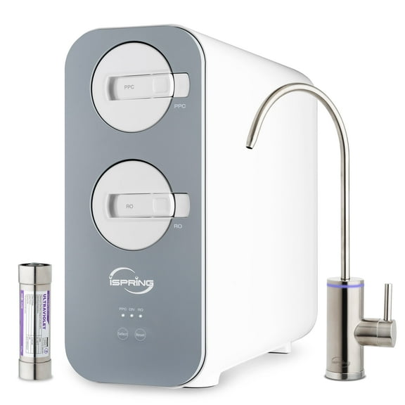 iSpring RO800G UVF8 Tankless Reverse Osmosis System with LED UVF8 Light, 800 GPD Fast Flow RO System, 2.5:1 Pure to Drain Ratio RO Water Filter System, Brushed Nickel Faucet