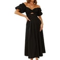 thumbnail image 3 of Women'S Summer Boho Maxi Dress V-Neck Cute Bubble Short Sleeve A-Line Long Dress with Pocket Black XL, 3 of 10