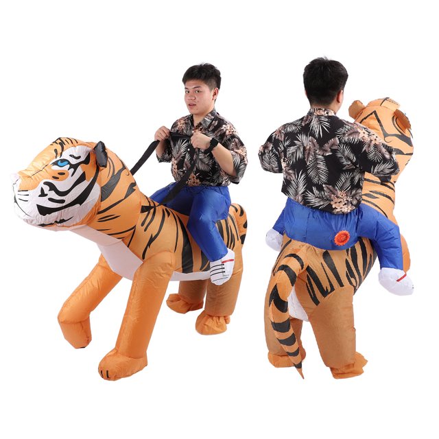 Air Blow Up Tiger Costume, Funny Average Size Vibrant Color Universal Inflatable Ride On Tiger Costume with Blower for Holiday