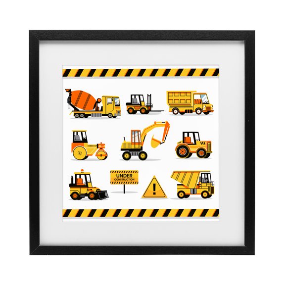 Stupell Industries Contemporary Construction Vehicles with Warning Black Framed Print Under Glass, 13 x 13, by Creative Studio