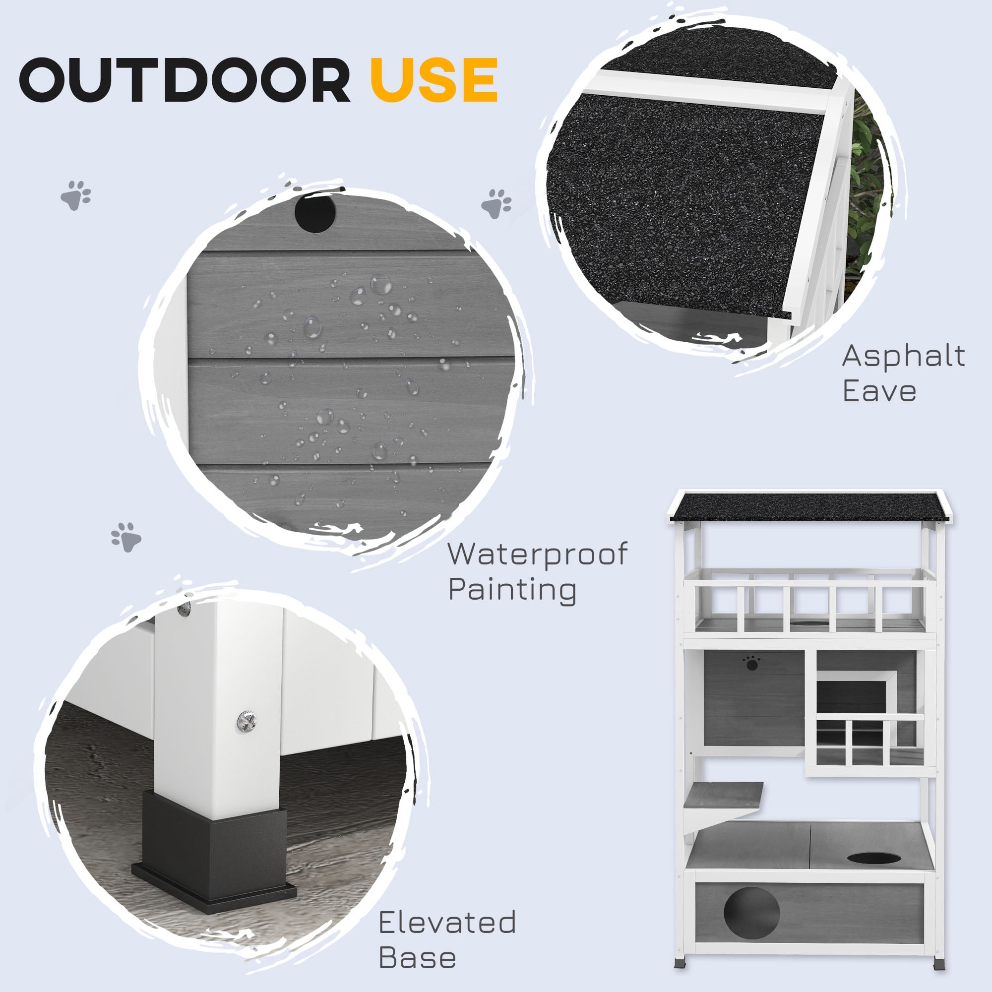 PawHut Wooden Outdoor Cat House, Feral Cat Shelter Kitten Tree with Asphalt Roof, Escape Doors, Condo, Jumping Platform, Light Gray
