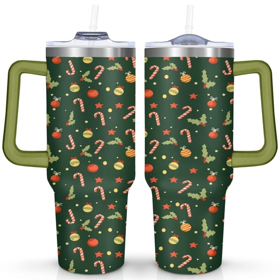 Christmas Snowflake 40 OZ Tumbler with Handle Rust Resistant Tumbler Cup Canes Candy, Christmas Holly, Decorative Balls Tumbler for Holiday Accessories Tumbler for School Camping