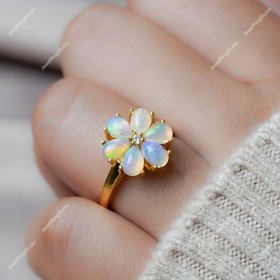 Opal Ring Silver Gold Women Jewelry Engagement Floral Ring Wedding Gift For Mom 43th Birthday