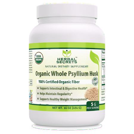 Herbal Secrets USDA Certified Organic Whole Psyllium Husk 16 oz Supplement