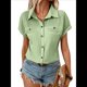 thumbnail image 3 of Camisa Plisada de Corta con Botones para Mujer, Blusa Informal de Negocios de Corte Entallado con Bolsillo, Verano 2025. Verde XXL, 3 of 9