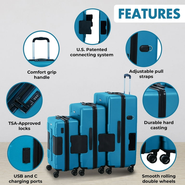 TACH V3 Large 3 Piece Connectable Hardside Carry-On Suitcase Set