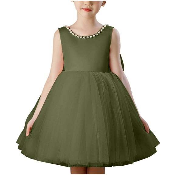 ZACPNCV Flower Girls Satin Tulle Princess Pageant Dress for Wedding Kids Party Prom Ball Gowns Dresses Olive Green 7-8 Years