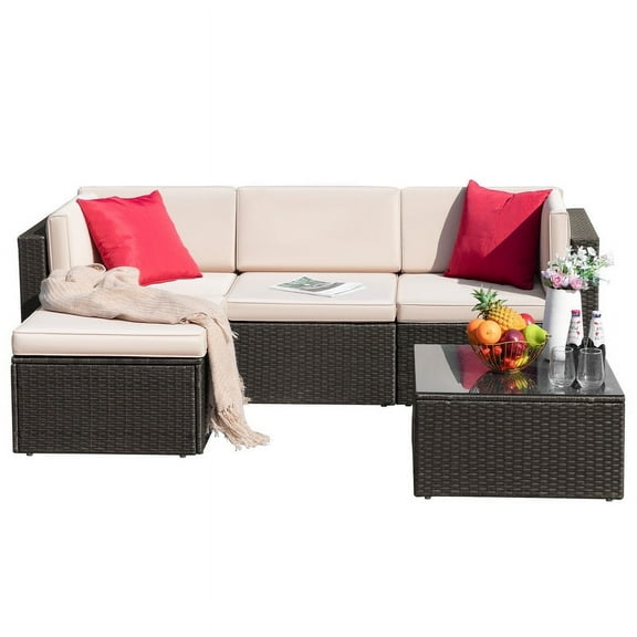 Homall 5 Pieces Outdoor Sectional Sofa Set with Tea Table and Ottoman for Garden, PE Rattan Patio Furniture Sets, Beige