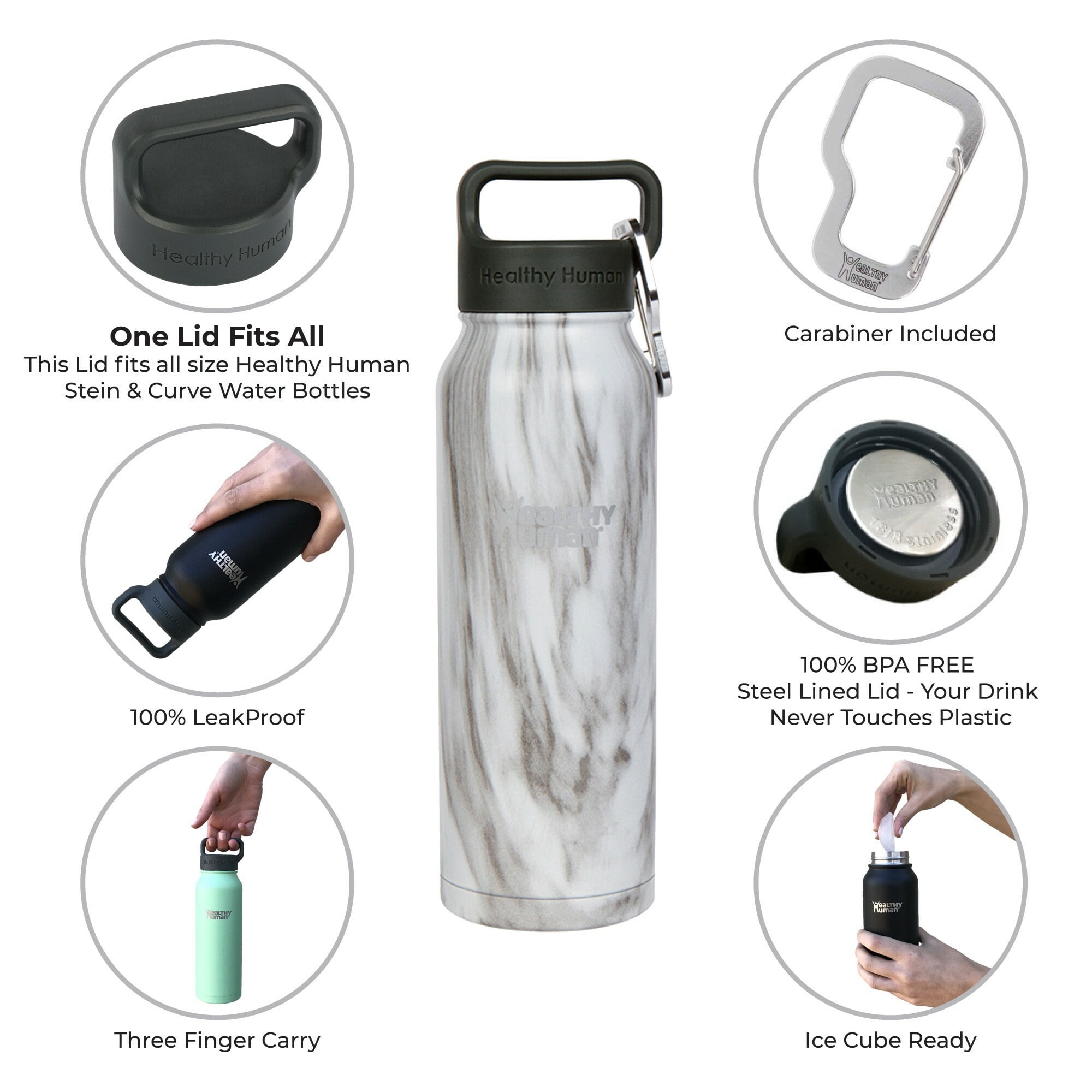 Healthy Human Stainless Steel Water Bottle | Double Walled Vacuum Insulated Water Thermos for Adults | Eco-Friendly Travel Bottles with Leak Proof Lid (Stone White, 21 oz/ 621 ML)