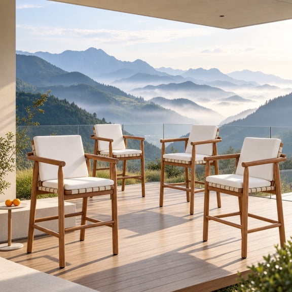 Set of 4 Outdoor Counter Height Bar Stools, Acacia Wood Patio Bar Chairs with Armrest, Backrest & Removable Beige Zipper Cushions, Weather Resistant Woven Webbing Stools for Patio Pool Garden Kitchen