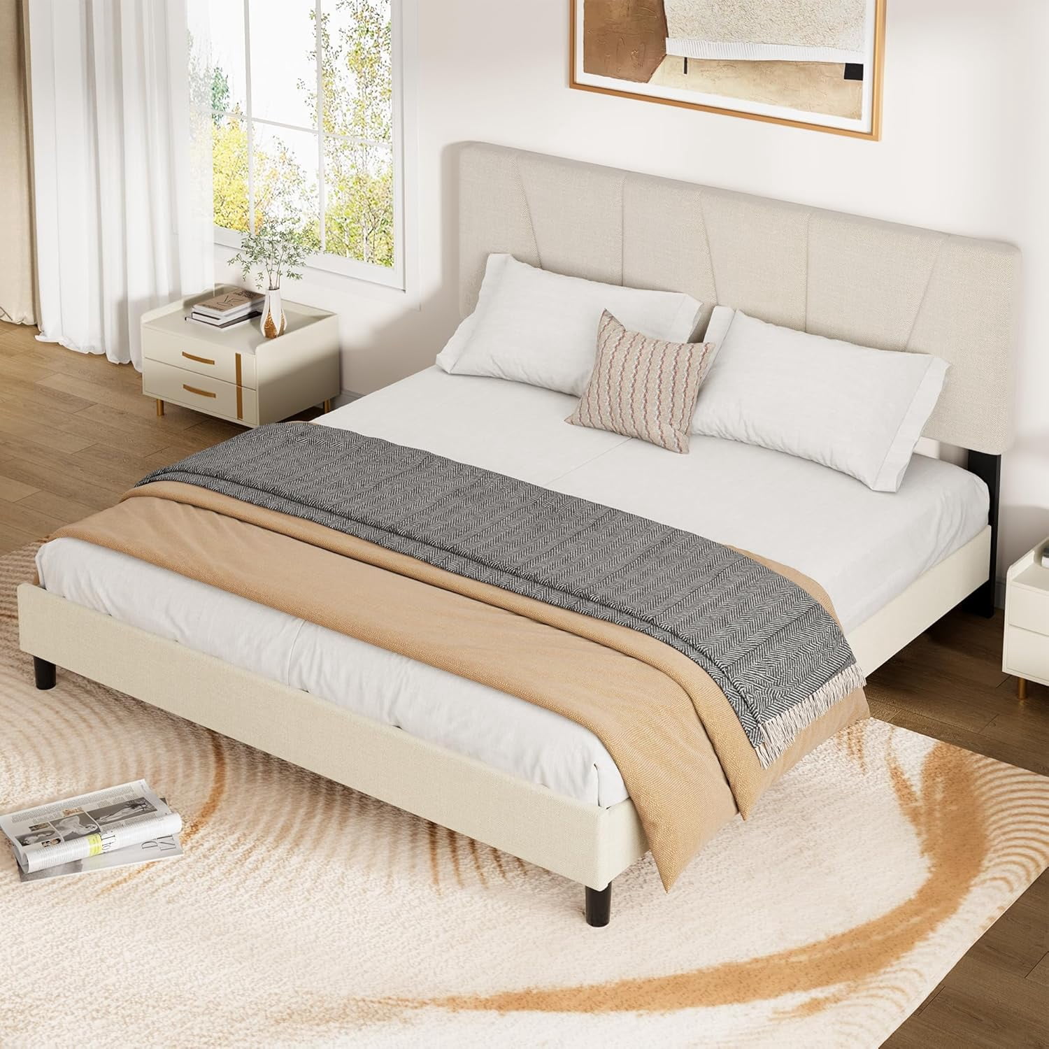 King Size Bed Frame with Adjustable Headboard, Linen Upholstered King Platform Bedframe with Strong Wooden Slats, Mattress Foundation, No Box Spring Needed, Easy Assembly