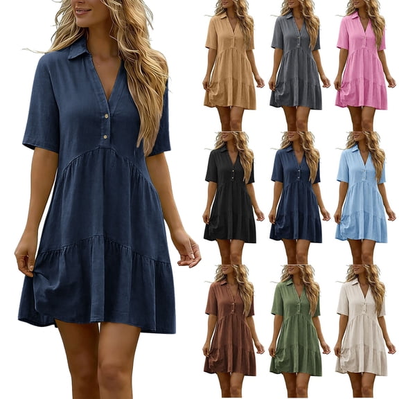 Women's Summer Short Sleeve Casual Dresses V-Neck Floral Party Dress Navy XXXL