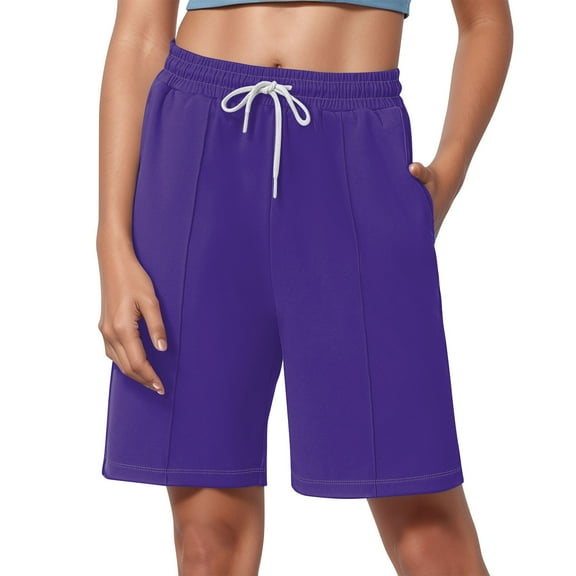 Womens  Shorts 2025 Drawstring Waist Long Yoga Shorts Casual Loose Running Shorts with Pockets dark purple Small
