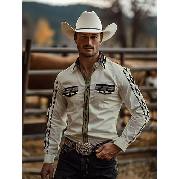Men's Western Cowboy Shirt Embroidered Button Down Long Sleeve Shirts Khaki XXL