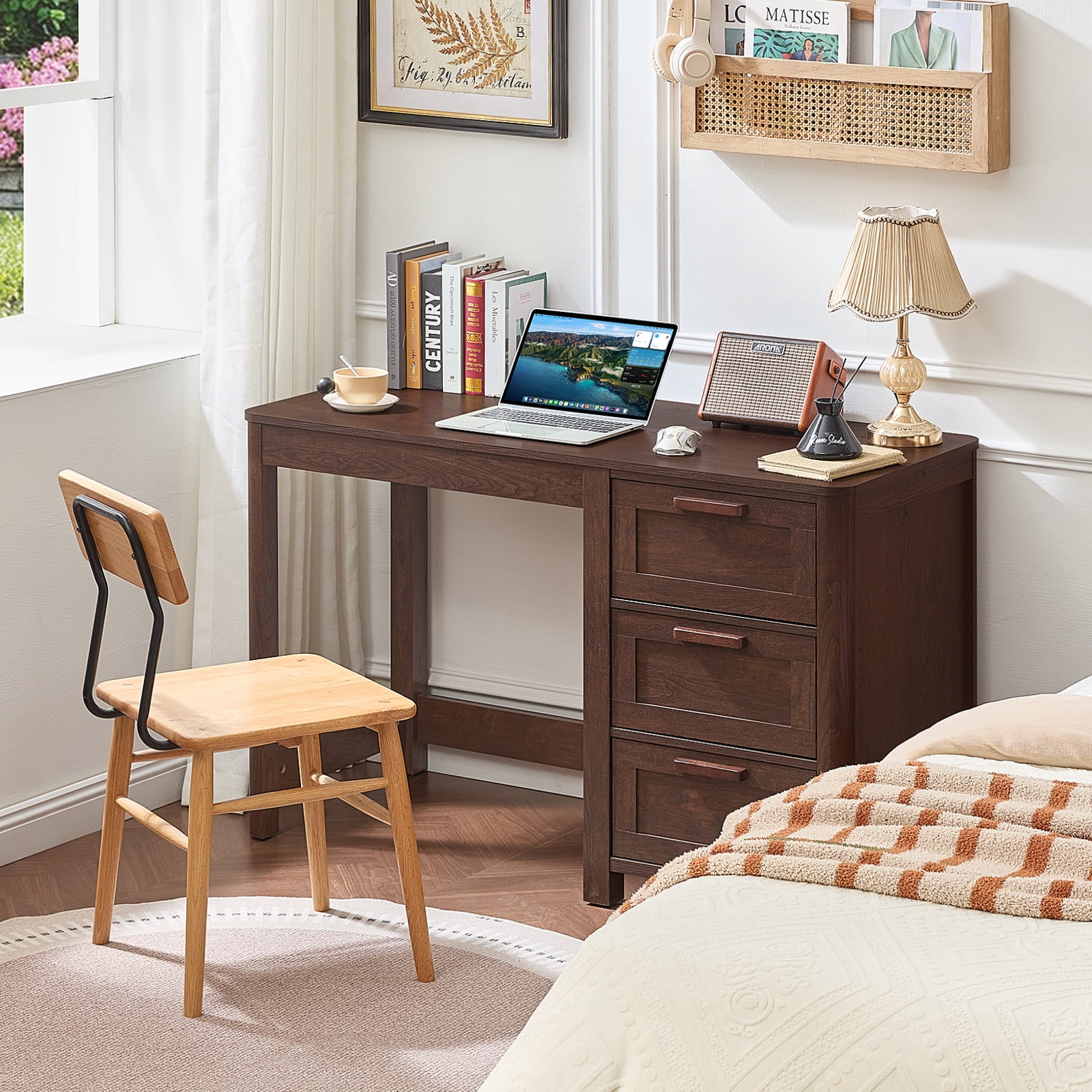 Joaxswe 48" Computer Desk with 3 Drawers, Wood Home Office Desk, Farmhouse PC Desk for Study, Bedroom, Walnut