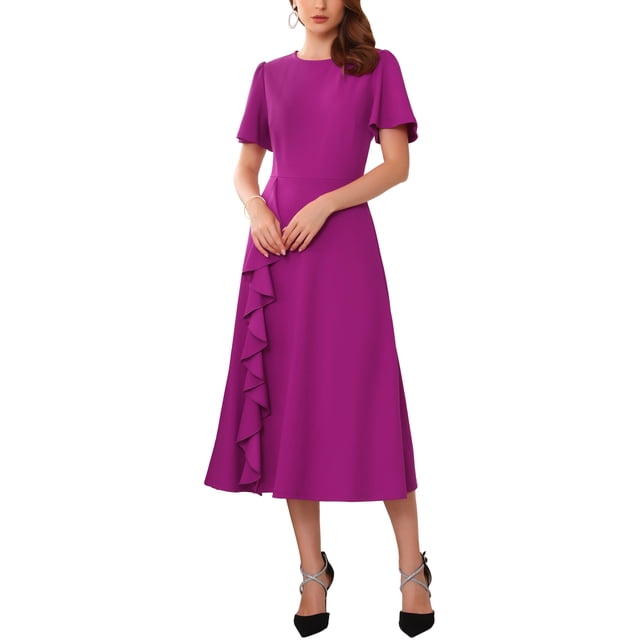 INSPIRE CHIC Vestido de Ropa de Mujer con Volantes para Invitadas de Boda Cuello Redondo de Manga Corta Vestidos Formales de Cóctel Midi M Púrpura