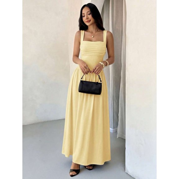 Petite Womens Yellow Solid Square Neck Ruched Flared Maxi Dress For Spring Summer