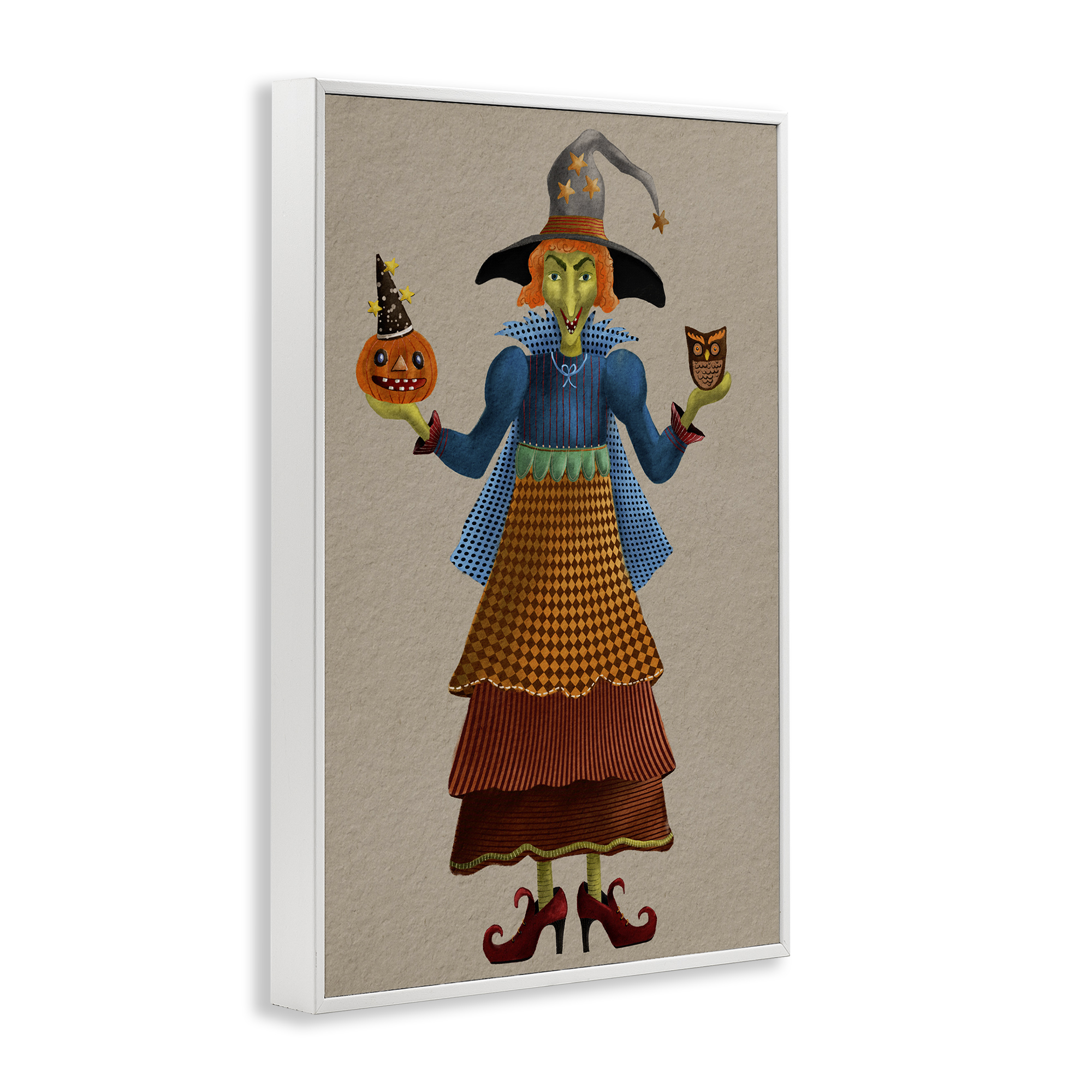Stupell Industries Halloween Witch in Plaid Holiday Painting White Framed Art Print Wall Art, 20 x 30