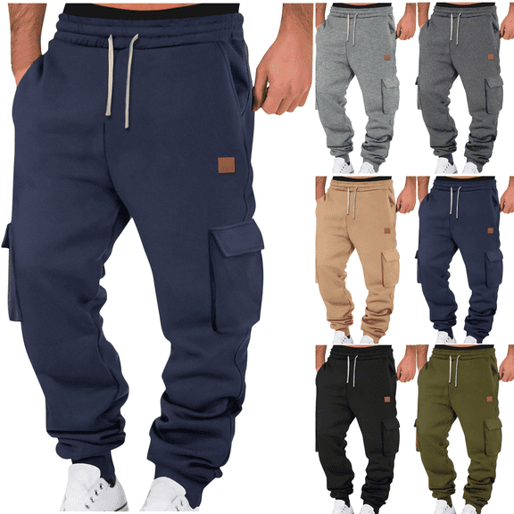 Men's Sweatpants Solid Color Fleece Cargo Pants Elastic Waistband and Drawstring Casual Hiking Pant with Multi Pockets