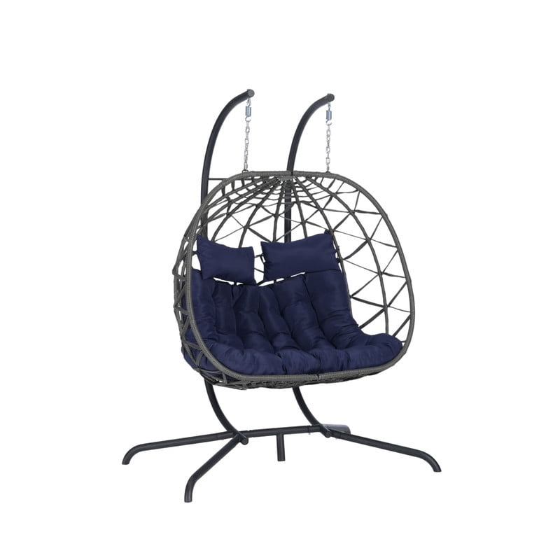 Double Swing Egg Chair with Stand,2 Person Indoor Outdoor Wicker Loveseat, Oversized Patio Hanging Basket Chair with Cushions, Cozy Sturdy Porch Swing for Backyard