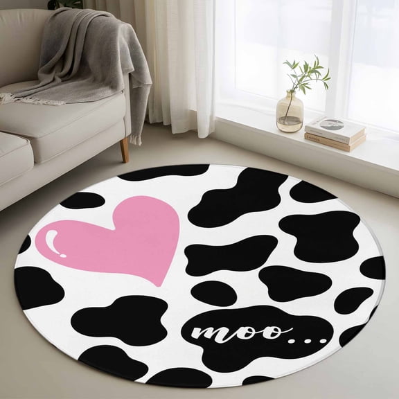 Round Rug 3.3Ft Washable Non-Slip, Cow Printed Circle Area Rugs for Living Room Bedroom, Modern Black Animals Textured Pink Love Heart Indoor Floor Mats Carpet Runner for Home Decor Aesthetic