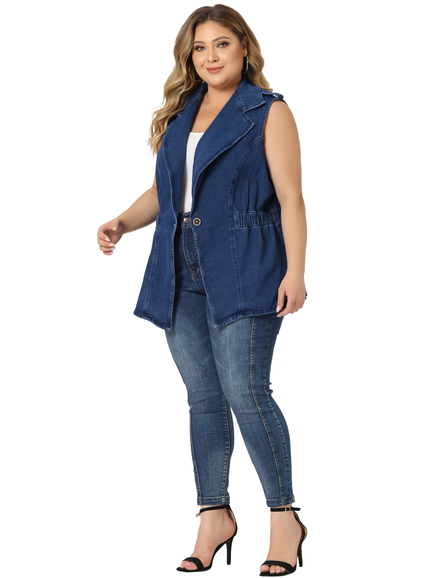 DARING DIVA Women's Plus Size Sleeveless Lapel Button Elastic Waist Jackets 3X Dark Blue