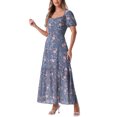 thumbnail image 4 of INSPIRE CHIC Women's Floral Patterned Smocked Square Neck Ruffle Swing Beach Boho Maxi Dress L Grey Blue, 4 of 6
