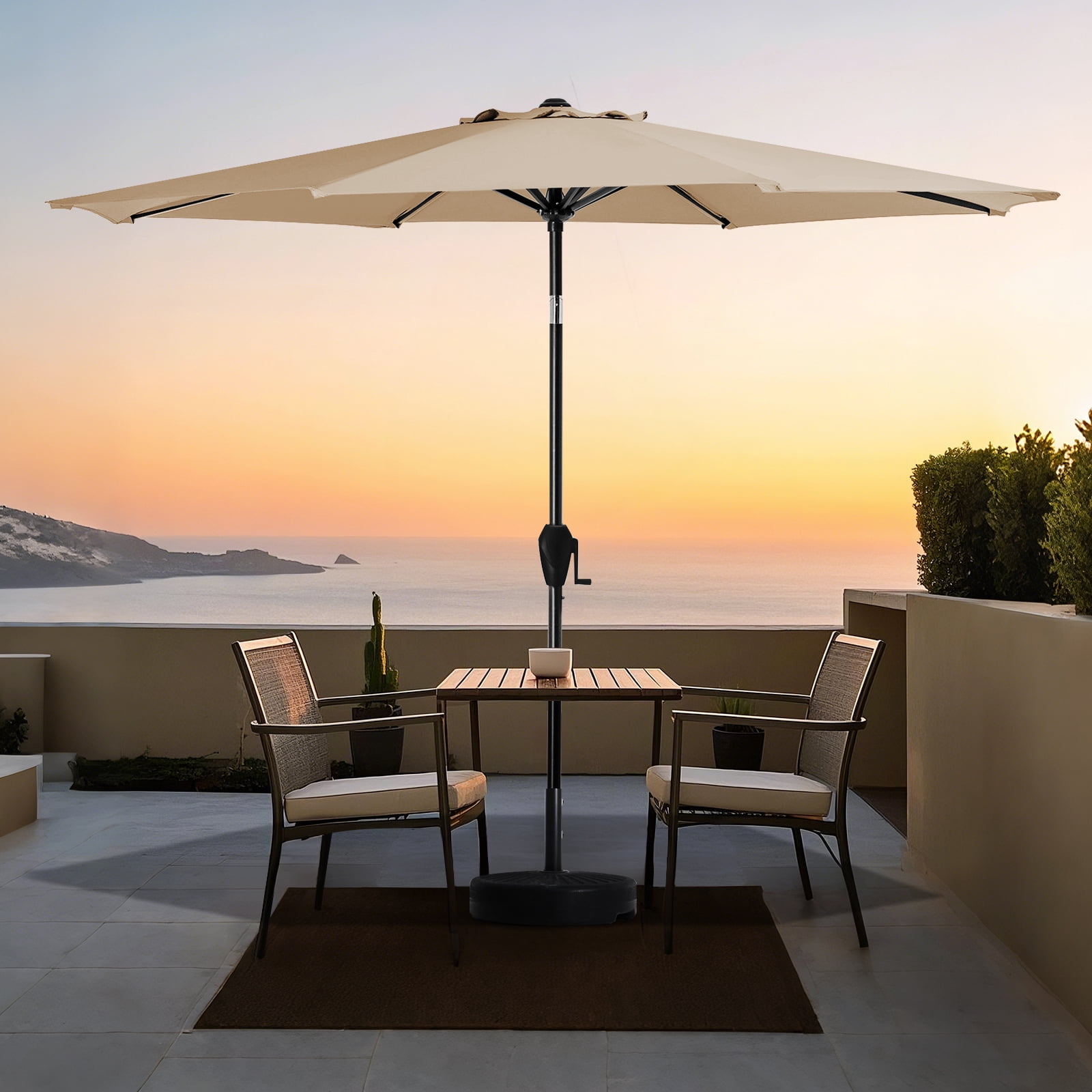 FUNDAZE 9FT Outdoor Market Patio Umbrella with Push Button Tilt & Crank Lift, UV-Resistant Canopy for Garden, Backyard, Pool&Patio Dining, Beige