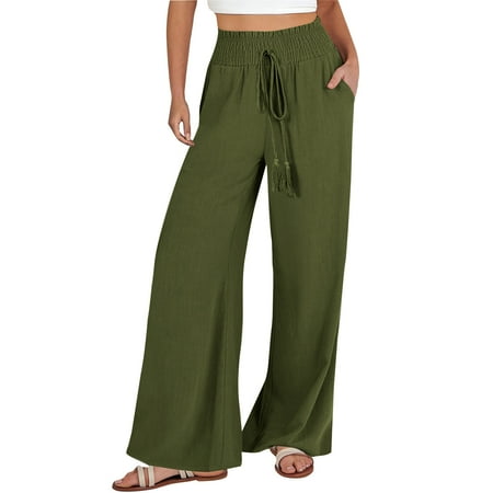 Wide Leg Pants For Women Elastic High Waist Drawstring Lace Up Loose Casual Trousers Summer Beach Boho Resort Wear