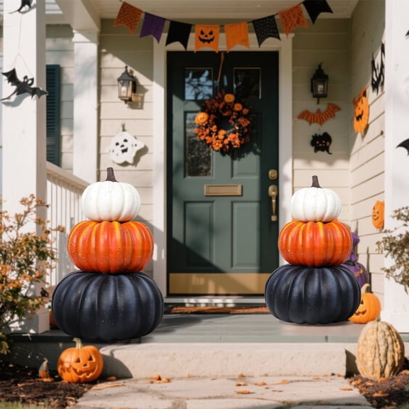 Large 3 - Tiered Colorful Pumpkin Stack Decor: Thanksgiving,Fall & Halloween Outdoor/Indoor Display,Pumpkin Harvest Decoration 1PC