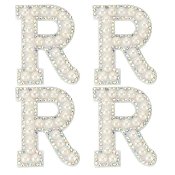 Uxcell Pearl Letter Patches, 4 Pcs White Chenille Letter Glitter Rhinestone Alphabet Applique Cloth Patches Iron on for Clothing Jacket Backpack Hat, R