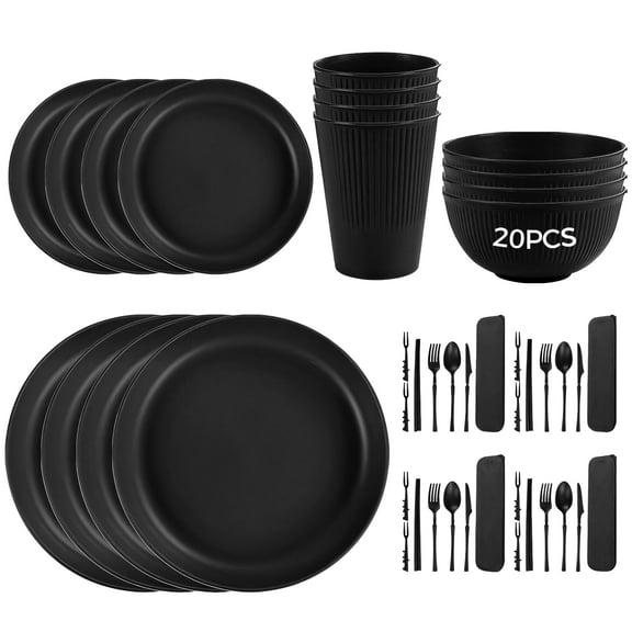 Wheat Straw Dinnerware Set, 20 Pcs for 4, 8, or 6 People, Unbreakable Plates, Bowls, Cups, Includes Cutlery, Dishwasher and Microwave Safe, Stackable Design
