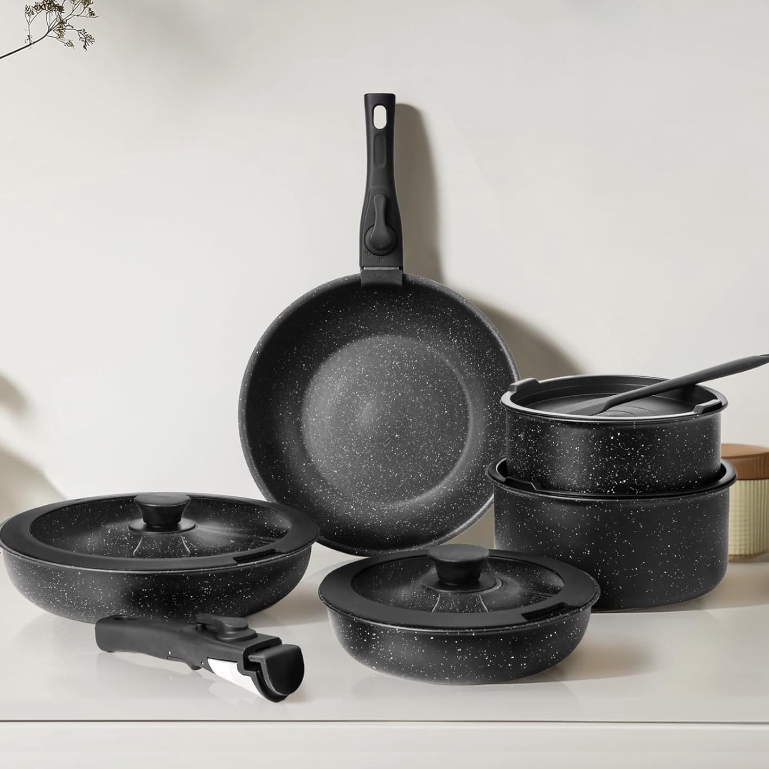 12-Piece Nonstick Pots and Pans Set, Stackable Kitchen Cookware Sets with Removable Handle, Induction Compatible, Black