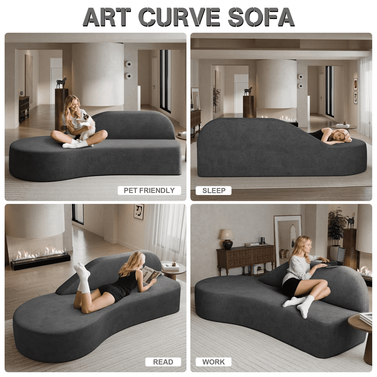 Aukfa 91" Comfy 3 Seat Sofa Deep Seat Curved Couch, No Assembly Boneless Sofa, Chenille, Gray