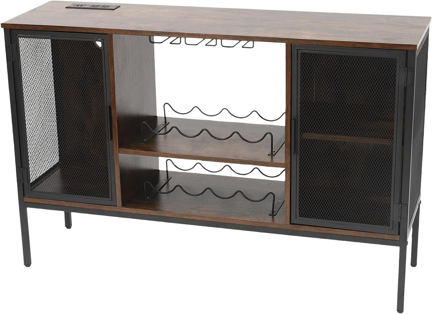 Wine Bar Cabinet with Built-in Outlets, Industrial Bar Cabinets for Liquor and Glasses, Farmhouse Mini Coffee Bar Liquor Cabinet Bar for Home with Removable Wine Racks, Brown