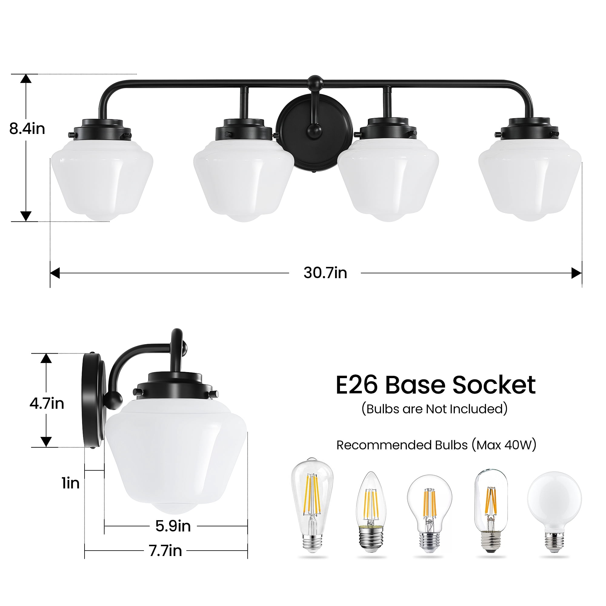 Bathroom Vanity Light Fixtures 4-Lights Black Vanity Lights Over Mirror, E26 40W Modern Bathroom Lighting Fixture with Milky White Glass for Bath Restroom