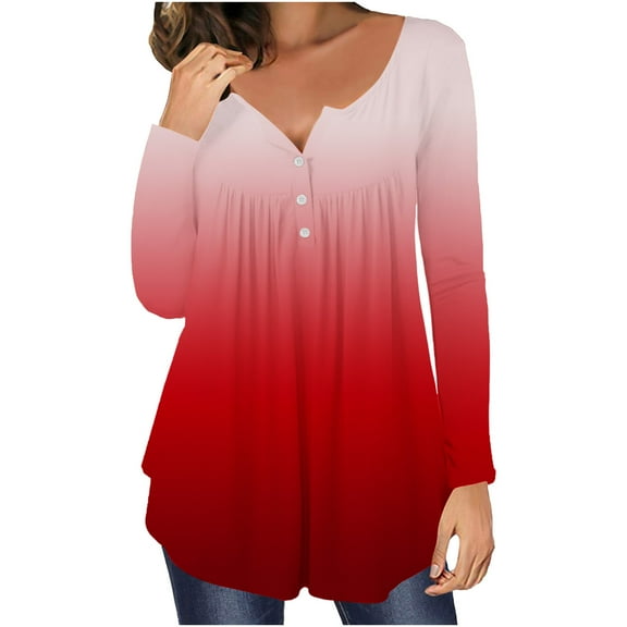 Women's Fall Henley V Neck Button Up Tunic Tops Flowy Long Sleeve T-Shirts Gradient Printed Blouse for Leggings